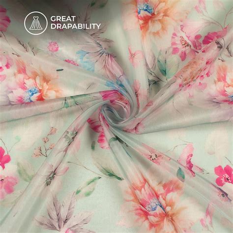 Tea Green And Pink Floral Printed Organza Satin Fabric – Fabcurate