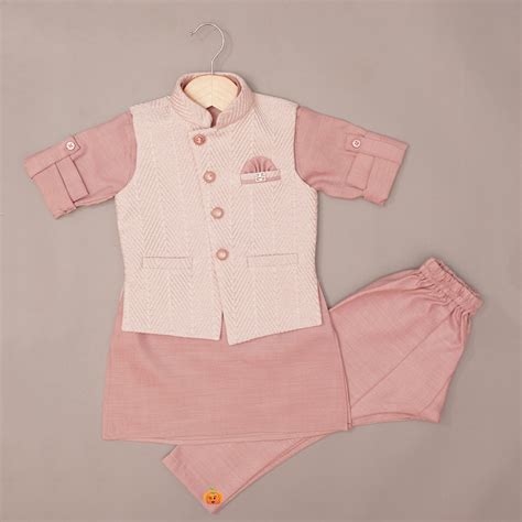 Buy Textured Jacket Kurta Pajama for Boys in Pink – Mumkins