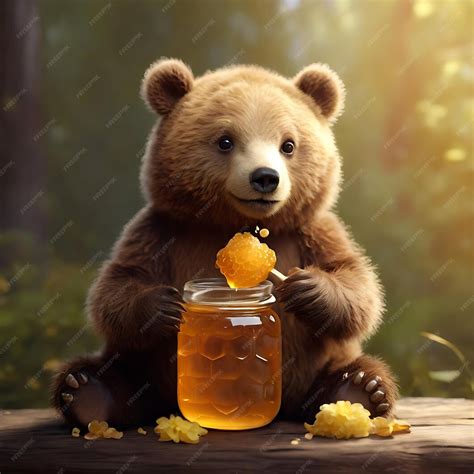 Premium Photo | A cute bear eating honey from a jaw with his paw Cute ...