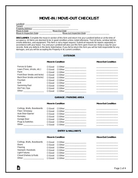 Free Move-In / Move-Out Checklist Form (Tenant) - PDF | Word – eForms
