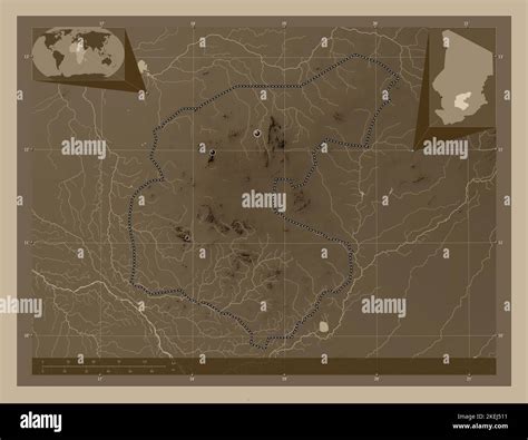 Guera, region of Chad. Elevation map colored in sepia tones with lakes ...