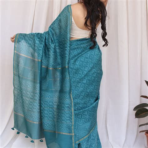 Neelanjan : Blue All-Over Discharge Handblock Chanderi Saree – Gray and ...