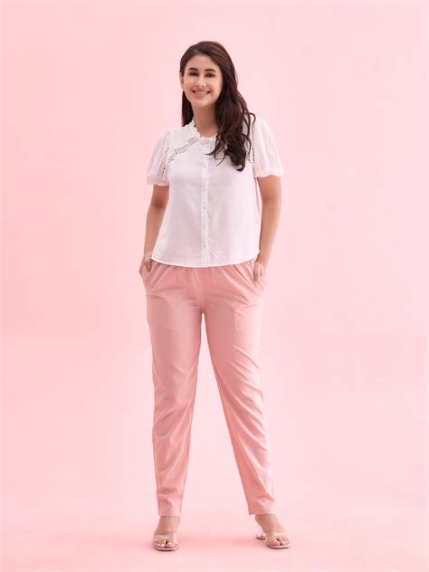 Women Solid Light Pink Mid Rise Cotton Pants