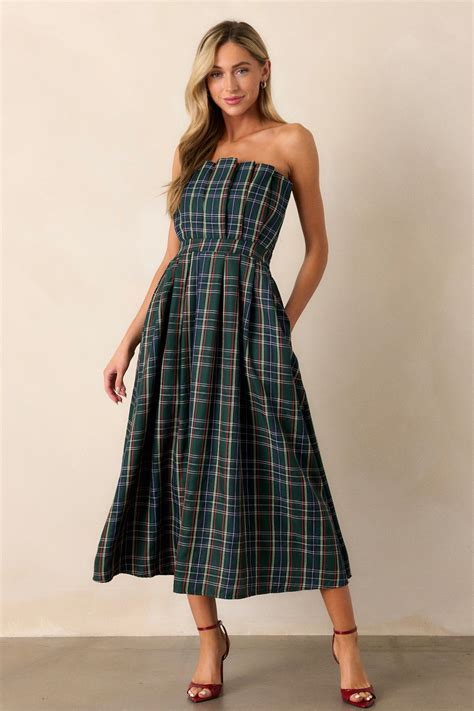 The Genevieve Green Plaid Strapless Midi Dress - All Dresses | Red Dress