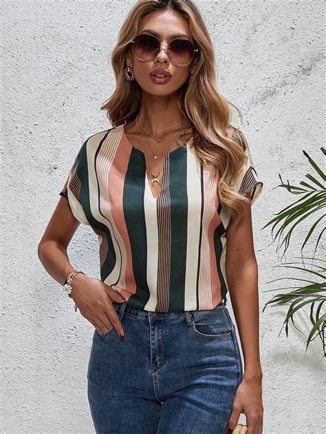 SHEIN LUNE Striped Notch Neck Blouse | SHEIN USA