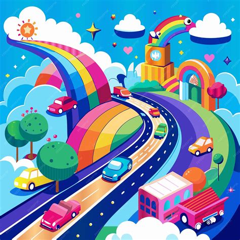 Premium Vector | A colorful cartoon illustration of a rainbow with cars driving down the road