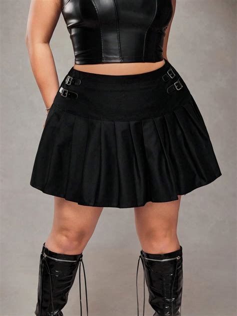 SHEIN ICON Plus Size Y2K Pleated Skirt, Waistband Decor, Minimalist ...