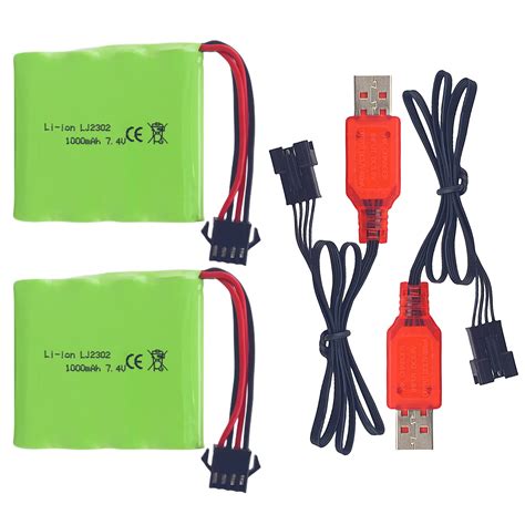 PUOO 2PCS 7.4V 1000mAh Lithium Battery with SM-4P 4 pin Plug USB ...