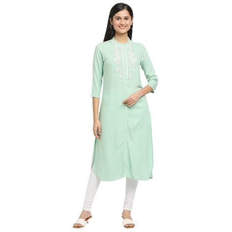 Buy Now,Women's Sage Green Rayon Embroidered Kurta