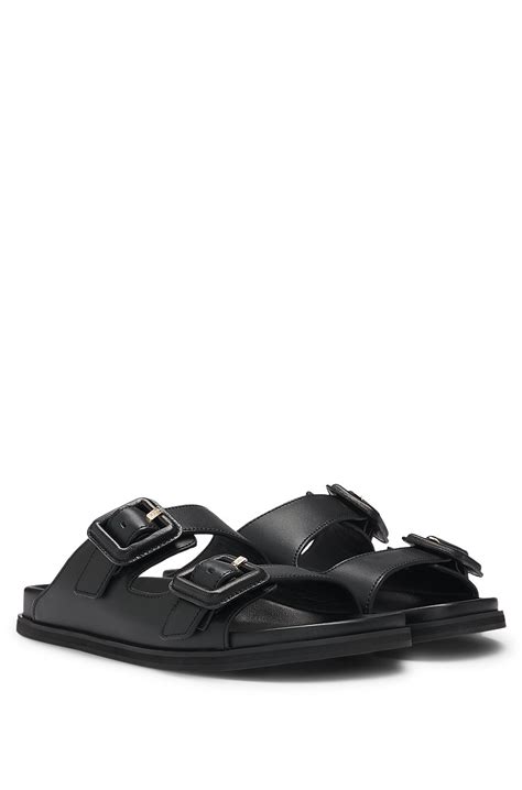 BOSS - Leather slides with twin buckled straps - Black