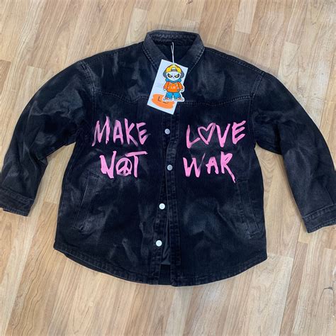 Denim Jacket Black Grey pink Printed Make Love Not War Black Colour 80 ...