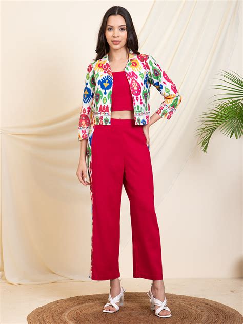 Multi Colour Printed Blazer With Inner Top With Pant Women Set