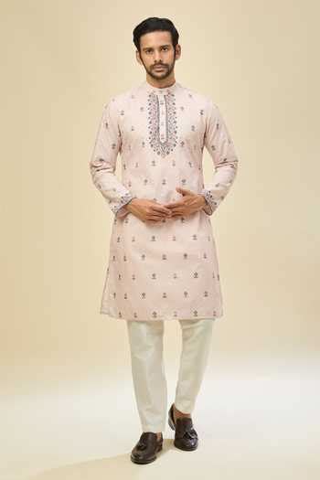 Buy Peach Crepe, Silk Embroidery Kurta Set For Men by Rng Safawala ...
