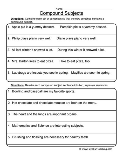 Compound Subject Worksheet 的图像结果