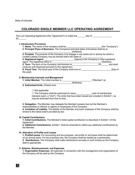 Free Colorado LLC Operating Agreement Template | PDF & Word