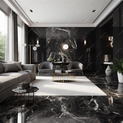 Premium Photo | Arafed living room with a marble floor and black walls ...