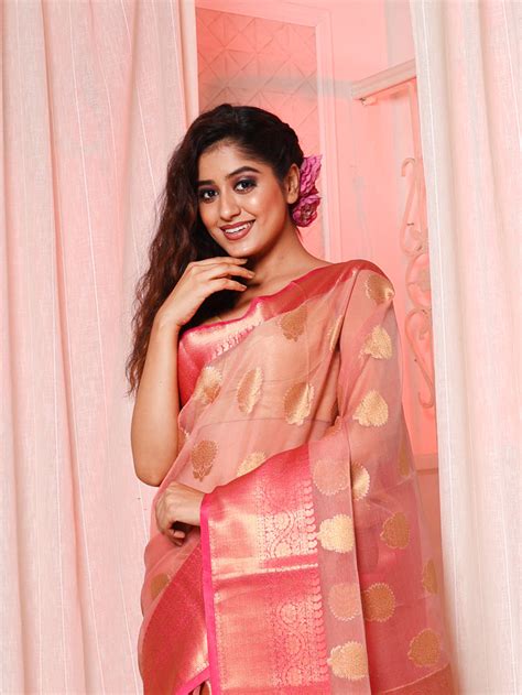 Dusty Pink Organza Handwoven Saree With Floral Motifs – Charukriti