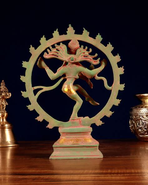 Vintage Brass Nataraja Sculpture – 9.2” Green Sand Patina – Budhshiv.com