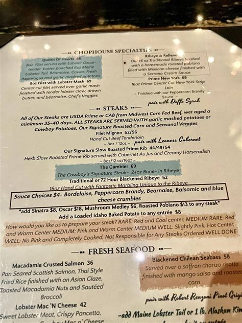 Menu at The Gambling Cowboy steakhouse, Temecula