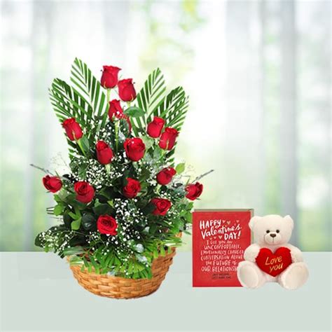 Send Valentine Day25 Red Rose Flowers Basket N Teddy Online in India ...