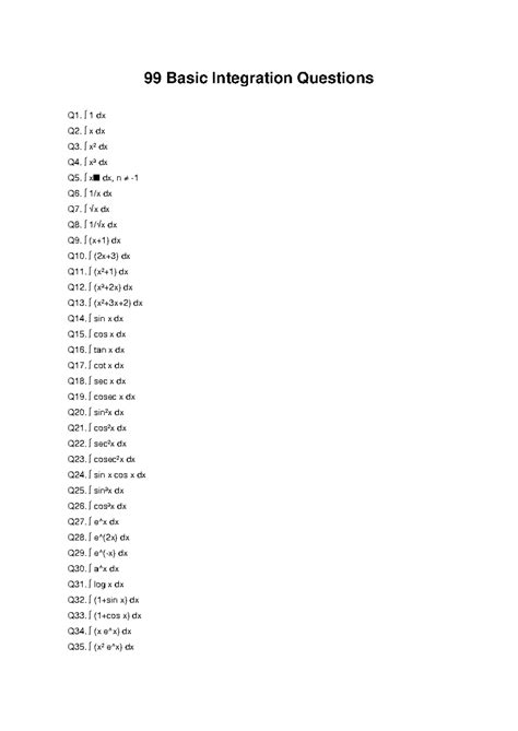 99 Basic Integration Questions for Calculus Practice - Studocu