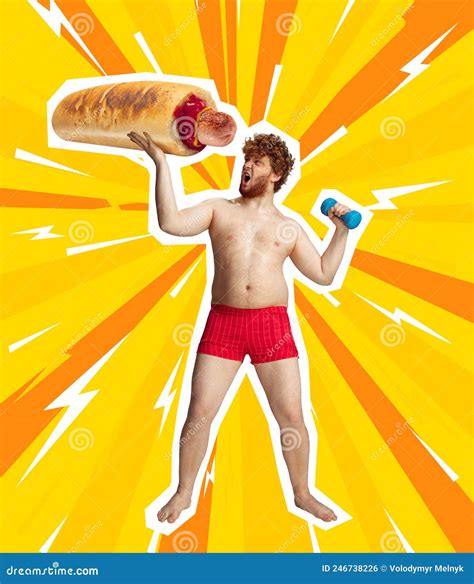 Contemporary Art. Funny Image of Shirtless Fat Man Holding at One Hand ...