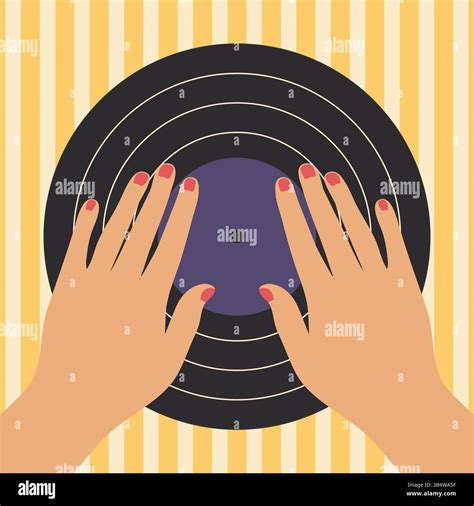 Minimalist poster with female hands on vinyl record. Music concept with ...