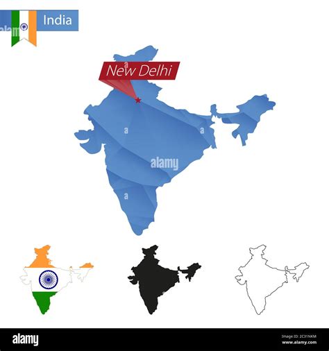 India blue Low Poly map with capital New Delhi, versions with flag, black and outline. Vector ...