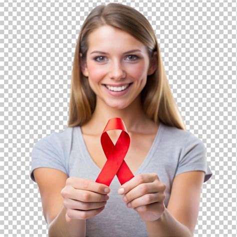 Young woman with red aids awareness ribbon in hand on transparent ...