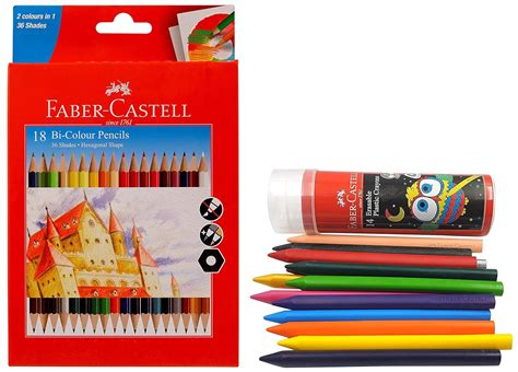 Faber-Castell Bi-Colour Pencil, Pack of 18 Erasable Crayon Tin Set ...