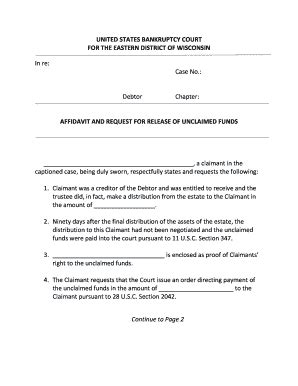 Fillable Online AFFIDAVIT AND REQUEST FOR RELEASE OF UNCLAIMED FUNDS ...