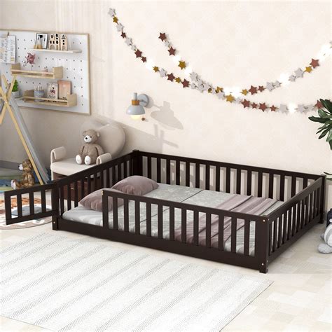 PAPROOS Full Size Floor Bed, Solid Wood Floor Platform Bed with Slat ...