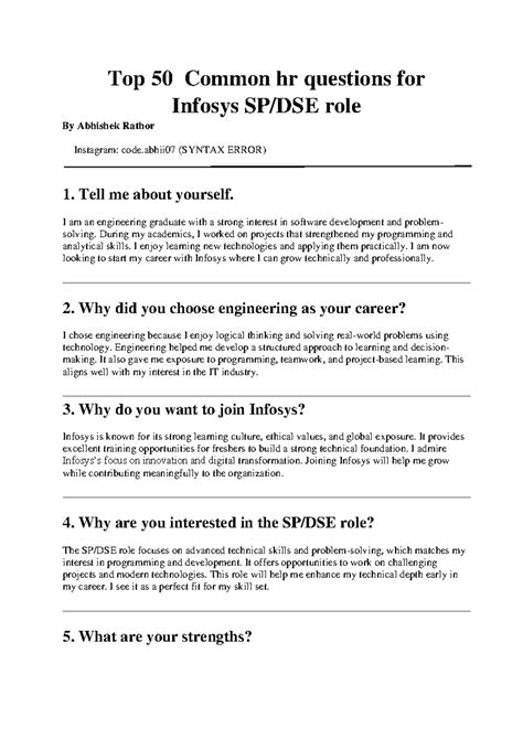 Top 50 Common HR Questions for Infosys Role (HR-Notes) - Studocu