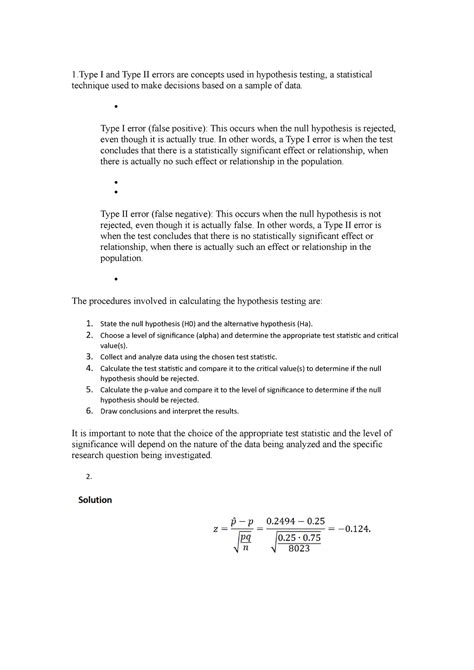 CS20B1042 - 1 I and Type II errors are concepts used in hypothesis ...