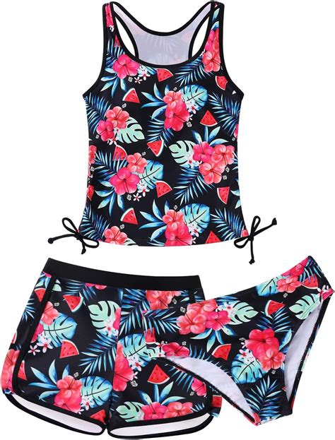 Amazon.com: Patgoal Girls 3 Piece Bathing Suit Summer Racerback Top ...
