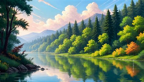 Digital art of nature landscape, river with mountains and trees in the ...