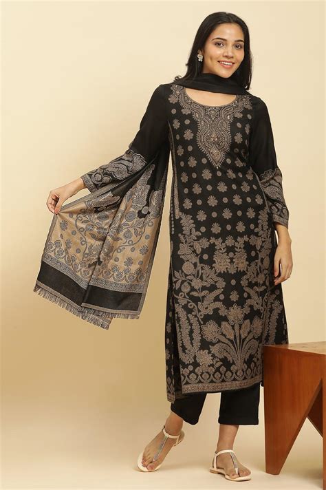 Buy Black Jacquard Winter Kurta, Pants And Dupatta Set Online for Woman ...