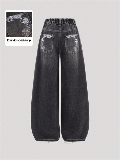 SHEIN Y2K Grunge Punk Tween Girl's Loose-Fit Denim Wide Leg Jeans With ...