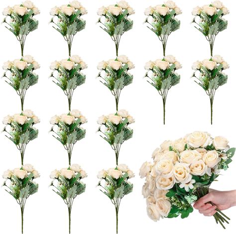 Amazon.com: Jexine 16 Pack Flower Bridesmaid Bouquets Fake Roses ...
