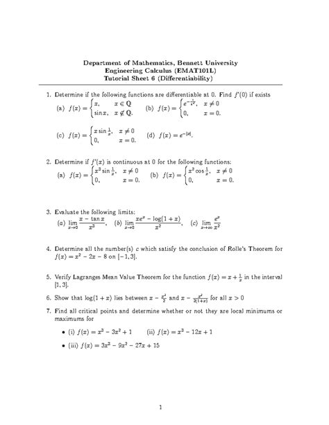 Tutorial Sheet 6 - Department of Mathematics, Bennett University ...
