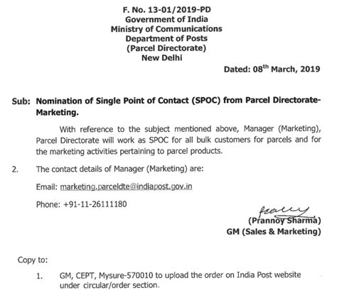 NOMINATION OF SINGLE POINT OF CONTACT (SPOC) FROM PARCEL DIRECTORATE ...