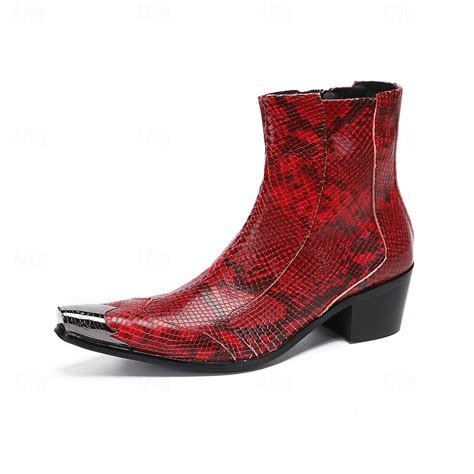 Men's Red Snake Print Leather Ankle Boots – Comfortable Block Heel with ...