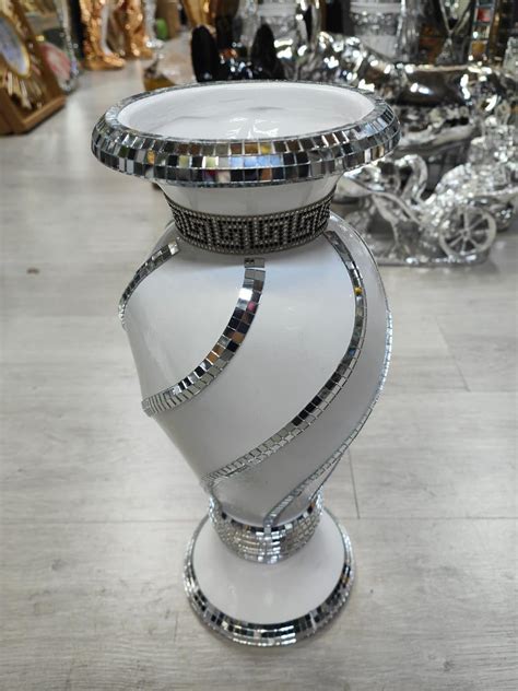 Biznest White & Silver Floor Vase Large 40Cm Sparkly Silver Mirrored ...