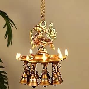 Buy Mearch Brasso Brass Hanging Diya with Bells | 14 inches Long Chain ...