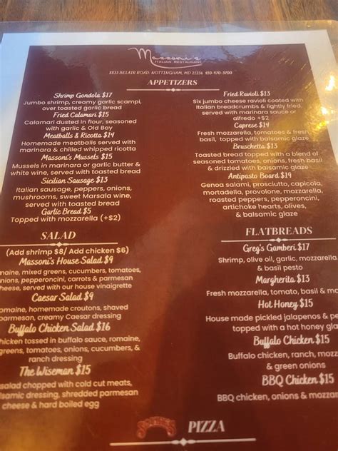 Menu at Massoni's Italian Restaurant, Nottingham