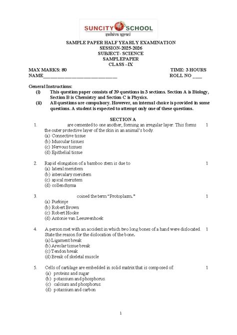 Science Grade IX Half Yearly Exam Sample Paper (Max Marks: 80) - Studocu