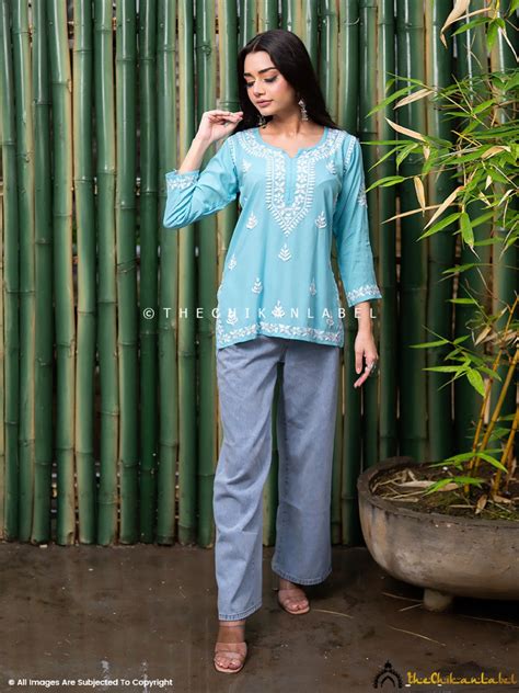 Geet Modal Chikankari Short Top – Sky Blue |The Chikan Label