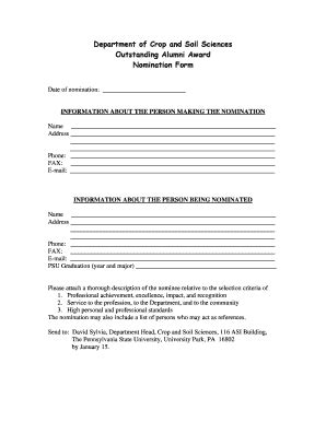 Fillable Online plantscience psu Outstanding Alumni Form - Department ...