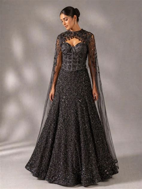 Designer Black Embroidered Lehenga Set with Sheer Cape Sleeves ...