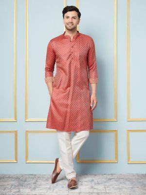 Buy See Designs Mens Red & Gold Woven Design Thread Work Kurta with ...